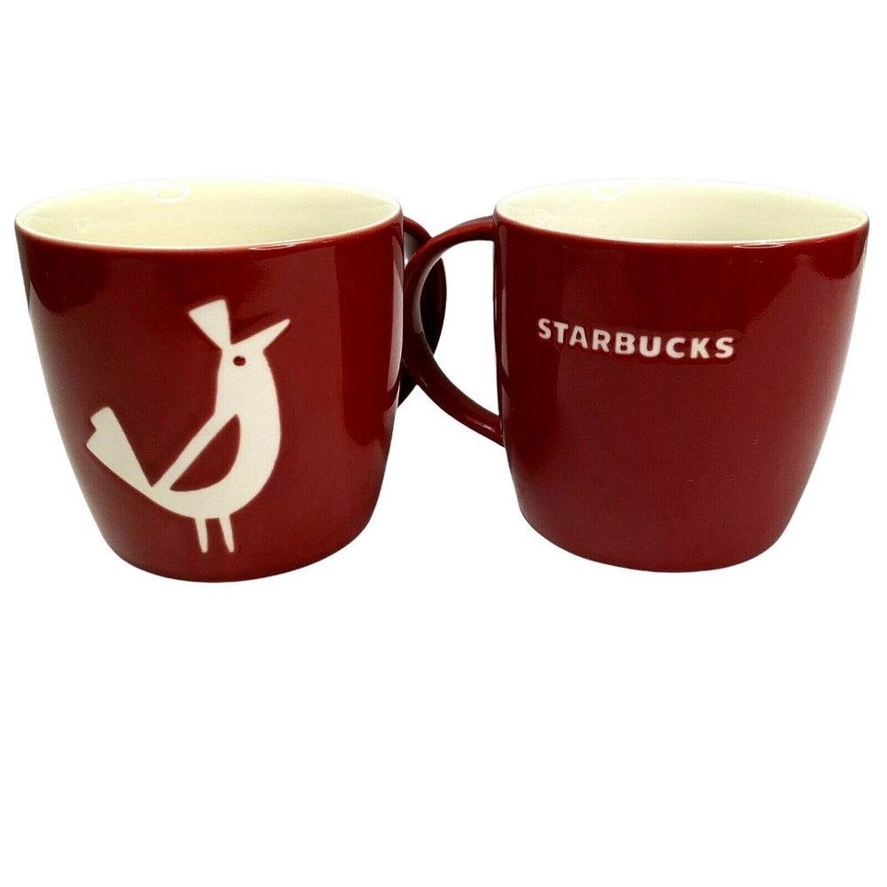 Starbucks Mugs Pair Red Bird Partridge 2011 Large Bone China Set 2 Handle 4 in